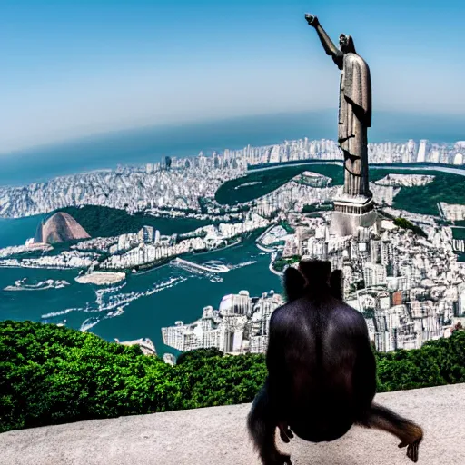 Image similar to high quality portrait of a monkey in front of Christ The Redeemer, studio photograph, photograph, realistic photo, 8k photo, 4k photo, stock photo, high resolution, cinematic shot, high detail