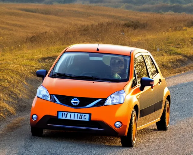 Prompt: border collie dog driving an orange nissan note, dog driving car, rally driving photo, award winning photo, golden hour, perfect composition