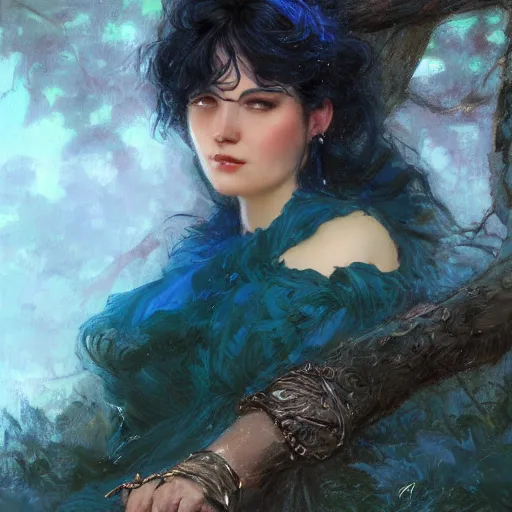 Image similar to portrait of a woman resting on a large tree, short black hair, decorative dark blue clothing, sharp focus, ultra realistic illustration, colorful, cinematic lighting, high fantasy, intricate, highly detailed, smooth, elegant, gaston bussiere, bayard wu, greg rutkowski