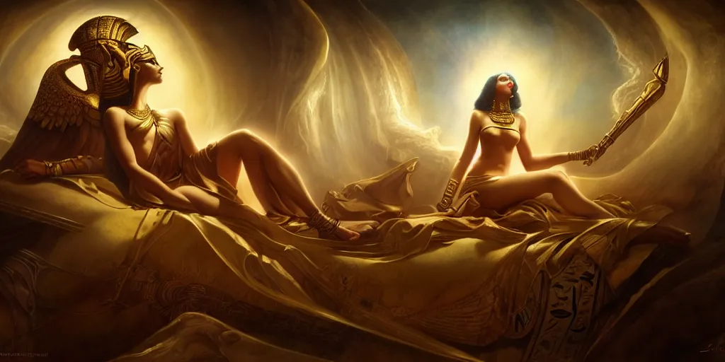 Image similar to Egyptian mythology, by Rolf Armstrong and Evelyn De Morgan and Bastien Lecouffe-Deharme, dramatic lighting, high contrast colors, baroque, empyrean, panoramic view, as trending on Artstation, highly detailed, doom engine,
