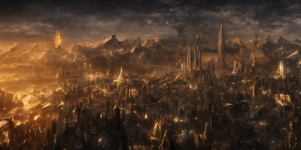 Prompt: middle-earth city , future view , cyberpunk light , the lord of the rings style,8k,hight detail