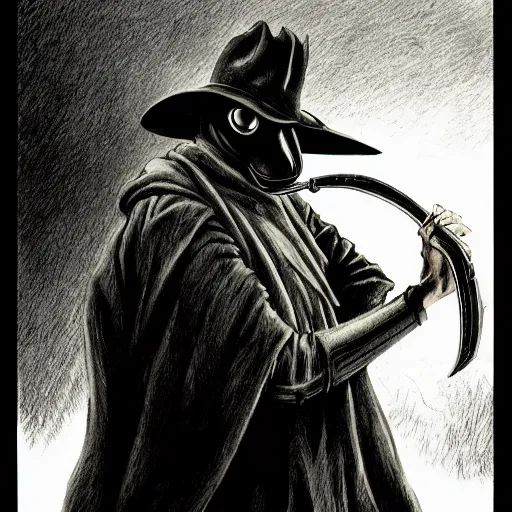 Prompt: a portrait of a plague doctor gunslinger, dark fantasy, horror, western, hell, ultrafine detailed pencil art on paper by frank frazetta and vito acconci and and takeshi obata, death note style, symetric body, cgsociety, sharp focus, detailed face