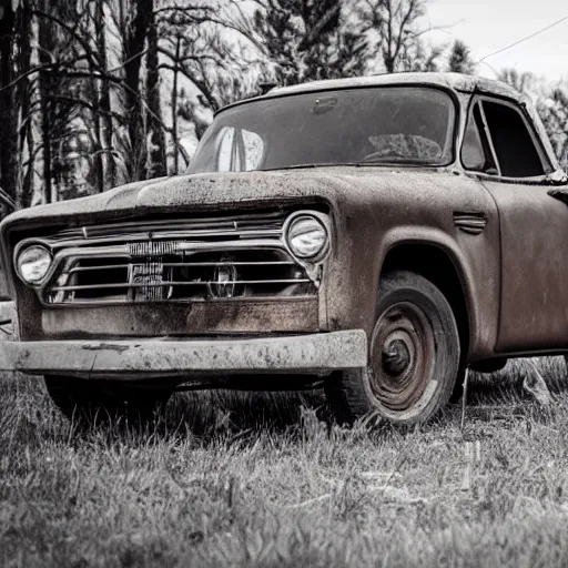 Image similar to A folkpunk brown hound dog playing the guitar, in front of a pickup truck, after the apocalypse