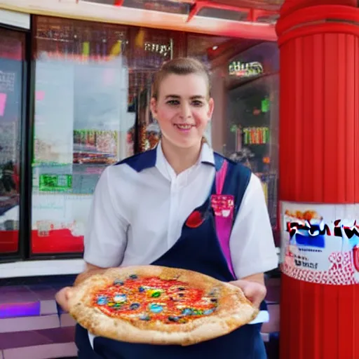 Image similar to a beautiful portrait of prince andrew outside a pizza hut on a school trip, travel, party, fun, colourful, 4 k,