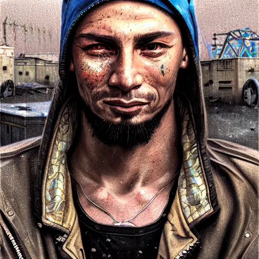 Prompt: A portrait of a cyberpunk thug guy on a parking lot in a Soviet slum on the moon, Norilsk, sci-fi, fantasy, intricate, very very beautiful, elegant, highly detailed, digital painting, artstation, concept art, smooth, sharp focus, illustration, art by artgerm and greg rutkowski and alphonse mucha and evgeny zubkov