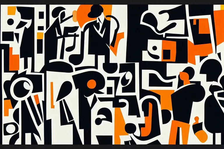 Prompt: abstract art poster of jazz musicians in the style of Stuart Davis, matte illustration, texture,