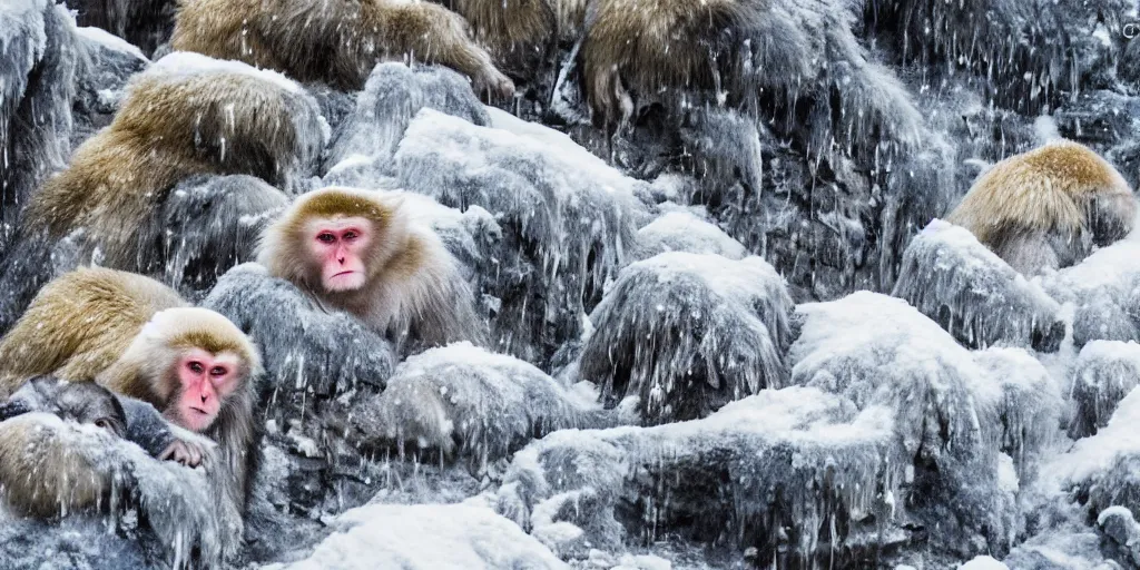 Prompt: scenic mountain setting, snow monkeys gather at the natural spa, highly detailed, snow flurry, cold, steamy, desaturated, inquisitive, striking, contemplative, watercolor, dry brush