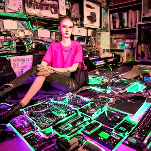 Image similar to a pile of neon lit motherboards and computer parts covering Grimes sitting in a large vintage room