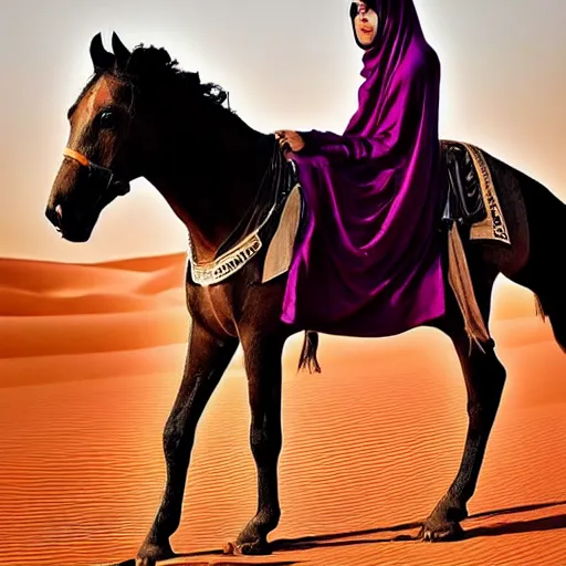 Image similar to beautiful burqa's woman, ride horse in saharan, dress like taliban, sharp eyes, detailed face, white skin, beautiful tatted hands, riffle on chest, detailed horse, detailed sit position, dust, cinematic, dynamic pose, pinterest