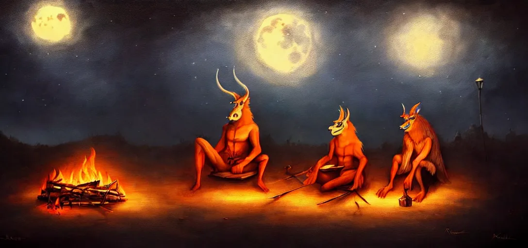 Image similar to strange mythical beasts of sitting around a fire under a full moon, surreal dark uncanny painting by ronny khalil