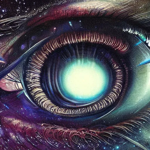 Image similar to low angle shot of a eye with the galaxy in the iris by clive barker, intricate, elegant, highly detailed, centered, digital painting, artstation, concept art, smooth, sharp focus, illustration, artgerm, Tomasz Alen Kopera, Peter Mohrbacher donato giancola, Joseph Christian Leyendecker, WLOP, Boris Vallejo.