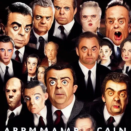 Prompt: armageddon movie poster with all characters faces swapped with rowan atkinson, high detail, realistic, 4 k