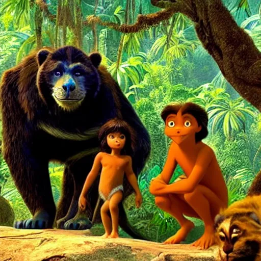 Image similar to jungle book. mowgli and balu. movie still frame.