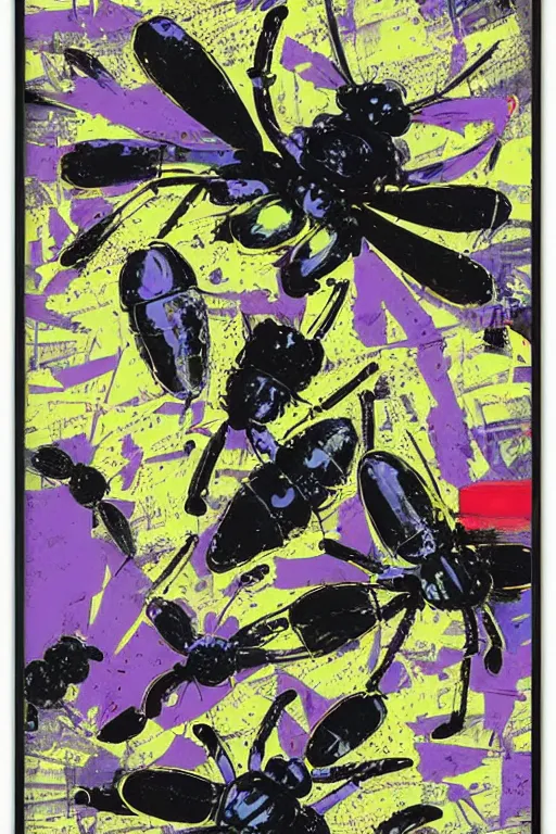 Image similar to mimmo rotella, violet polsangi, frank miller as return of ninja bugs by pop art, white frame