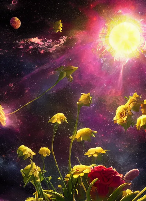 Image similar to An epic fantastic realism comic book style painting of the most beautiful flowers launched into space, bouquets, fisheye lens, unreal 5, DAZ, hyperrealistic, stars in the night sky, octane render, dynamic lighting