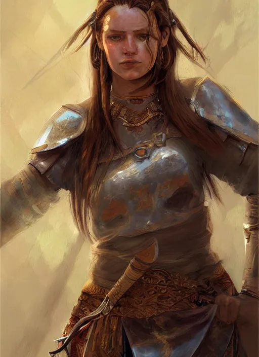 Image similar to highly detailed painting of a cleric warrior woman by jon foster, high fantasy, trending on artstation