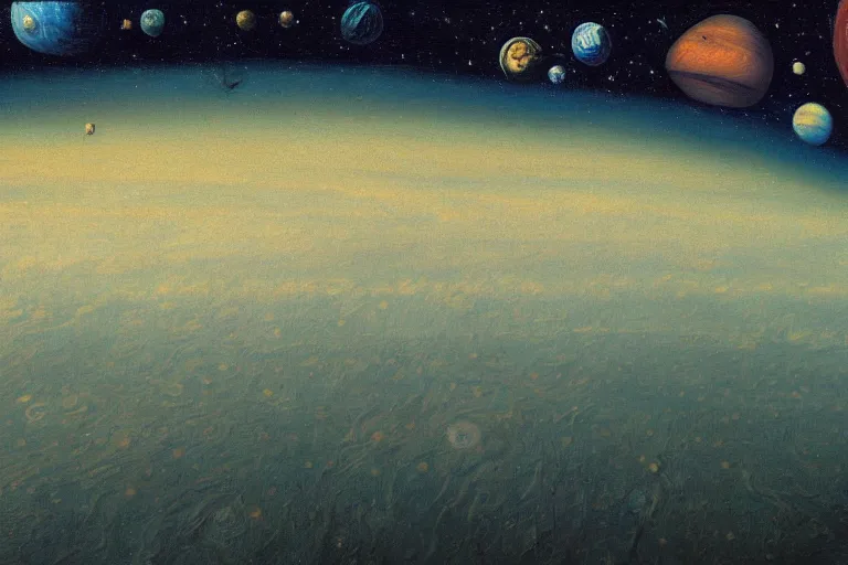 Prompt: an astronaut view from Jupiter, beautiful, national geographic, very detailed, astrophotography, oil painting, canvas, Vincent van Gogh, Caspar David Friedrich, Albert Bierstadt