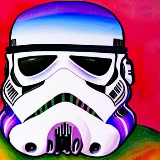 Image similar to a detailed painting by lisa frank of a storm trooper helmet