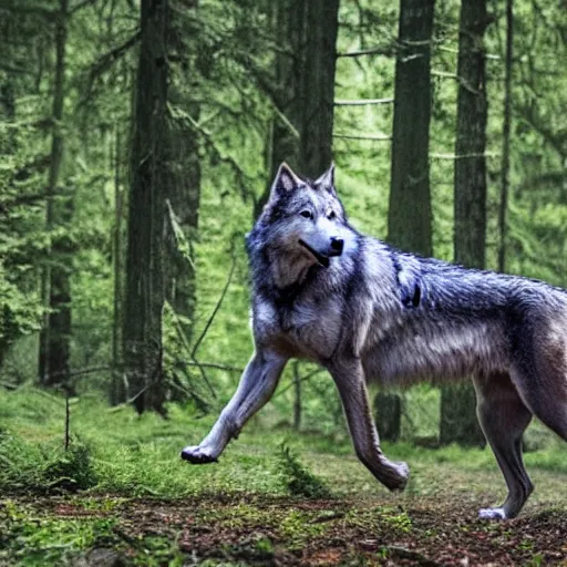 Image similar to a giant gray wolf with wings and glowing green eyes flying through a forrest hunting prey