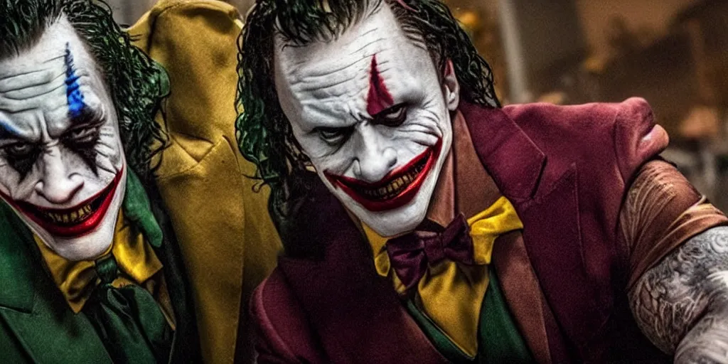 Image similar to dwayne johnson as the joker, movie still