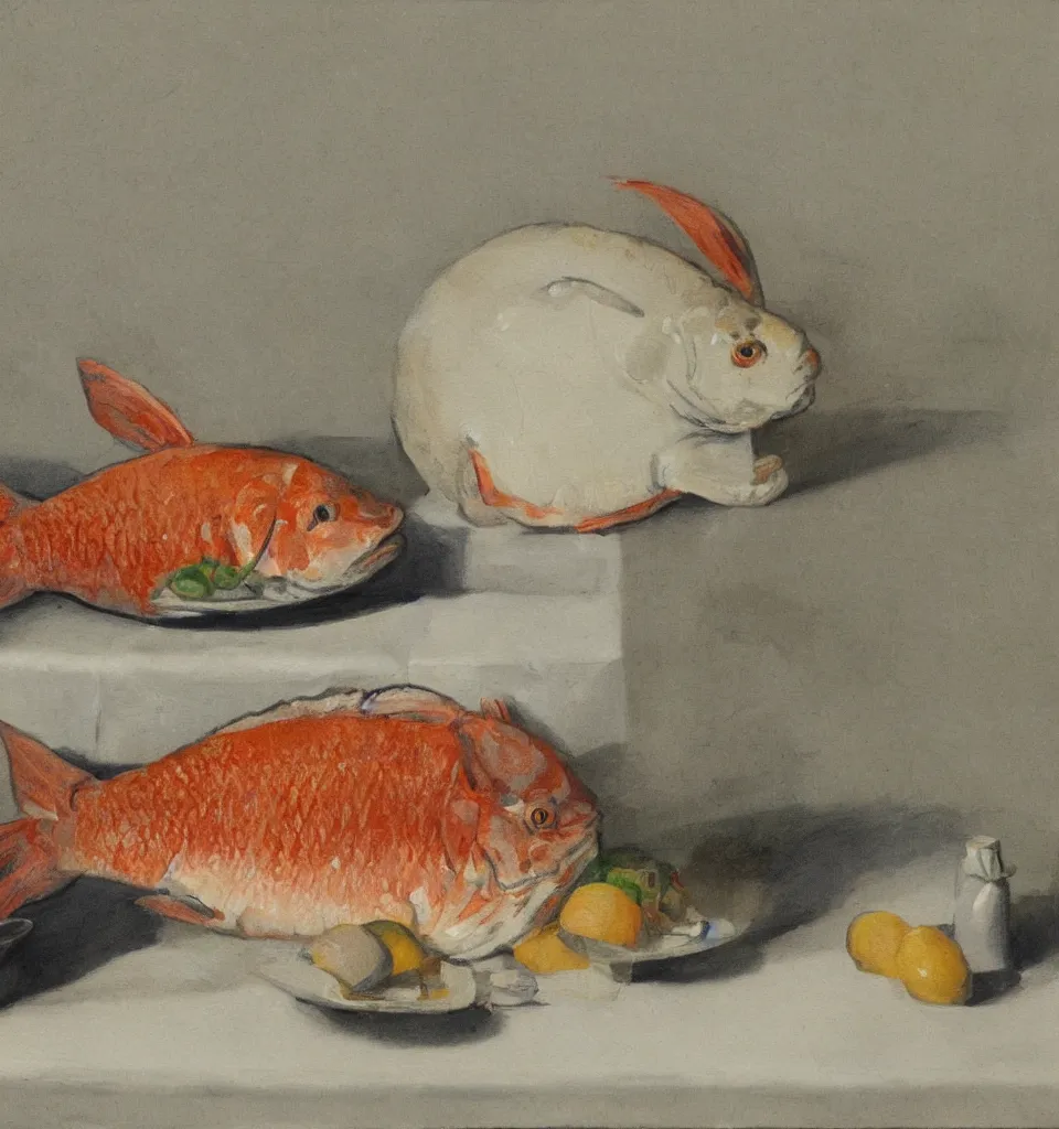 Prompt: still life painting of a fish rabbit on a white table