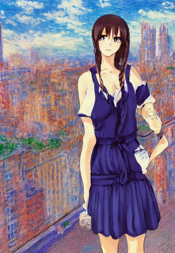 Image similar to wide angle portrait of a teenage girl, a thrifty outfit, very anime in impressionist style, city street view background, anime trending artwork, anime painter studio, by claude monet