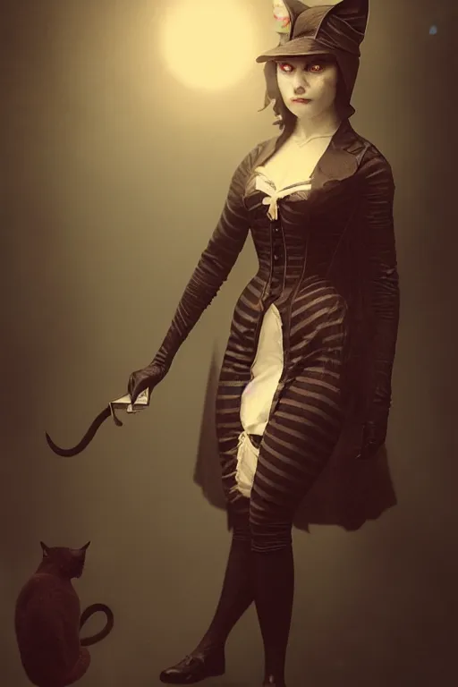 Image similar to wet plate photograph portrait of an anthropomorphic cat - woman, dressed in a victorian - era clothing, dramatic lighting, highly detailed, digital painting, artstation, concept art, smooth, sharp focus, illustration, art by wlop, mars ravelo and greg rutkowski