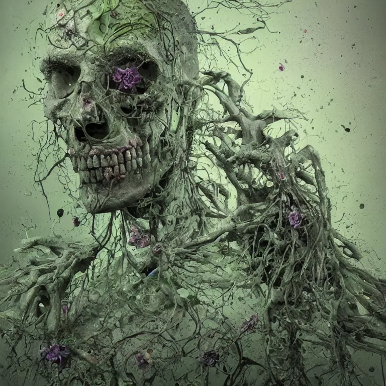 Image similar to A beautiful oil painting hyperrealism of a decayed zombie head, green bulging eyes, rotten green skin, grey beard, blue veins, skull bones flowers, 8k resolution, octane render, Trending on artstation, by Gediminas Pranckevicius, volumetric light 2blue fractal Thunder glow by dan mumford, anaglyph effect, Laurie Lipton