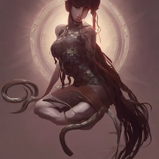 Image similar to japanese spider goddess, d & d, grey and brown color palette, highly detailed, digital painting, artstation, concept art, sharp focus, illustration, cinematic lighting, art by artgerm and greg rutkowski and alphonse mucha