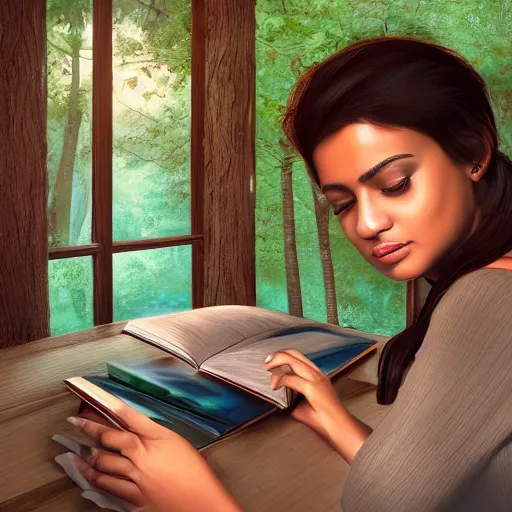 Prompt: a brown female author writing a book in a cottage in the woods, detailed digital art, trending on artstation, realistic! 8k