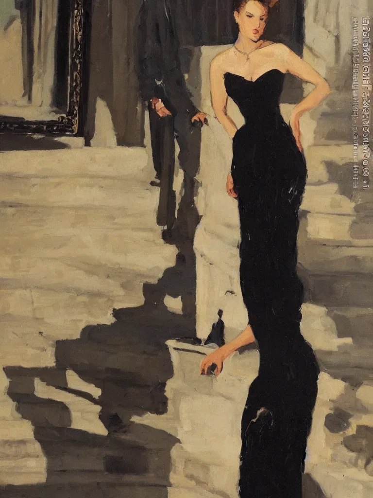 Image similar to gorgeous princess with a fabulous dress, by Ben aronson, oil on canvas, evening, standing on palace stairs, 1900