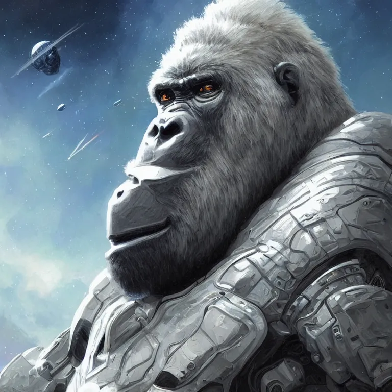 Prompt: detailed science-fiction character portrait of a silverback gorilla wearing a white armored space suit, intricate, wild, highly detailed, digital painting, artstation, concept art, smooth, sharp focus, illustration, art by artgerm and greg rutkowski and alphonse mucha