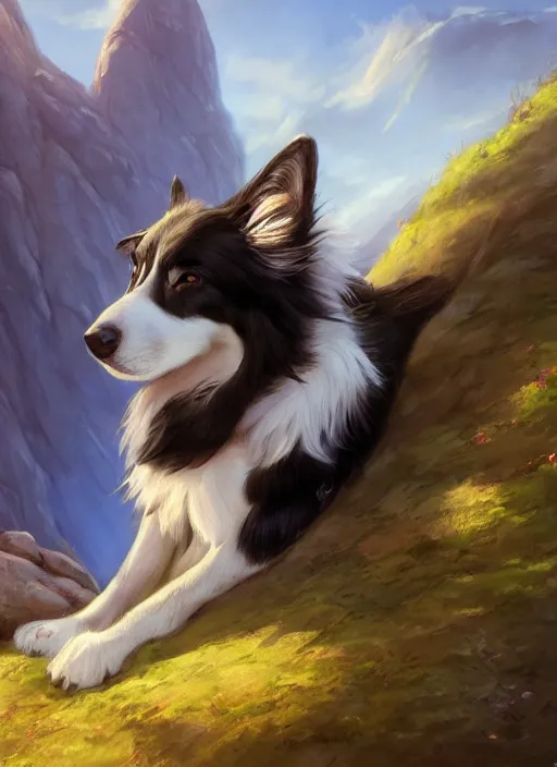 Image similar to wide angle beautiful full body portrait of a cute male anthropomorphic anthro border collie fursona reclining on the side of a rocky hill, character design by charlie bowater, henry asencio, and ross tran, disney, scenic background, detailed, glamor pose, aesthetic, trending on artstation, furaffinity, deviantart