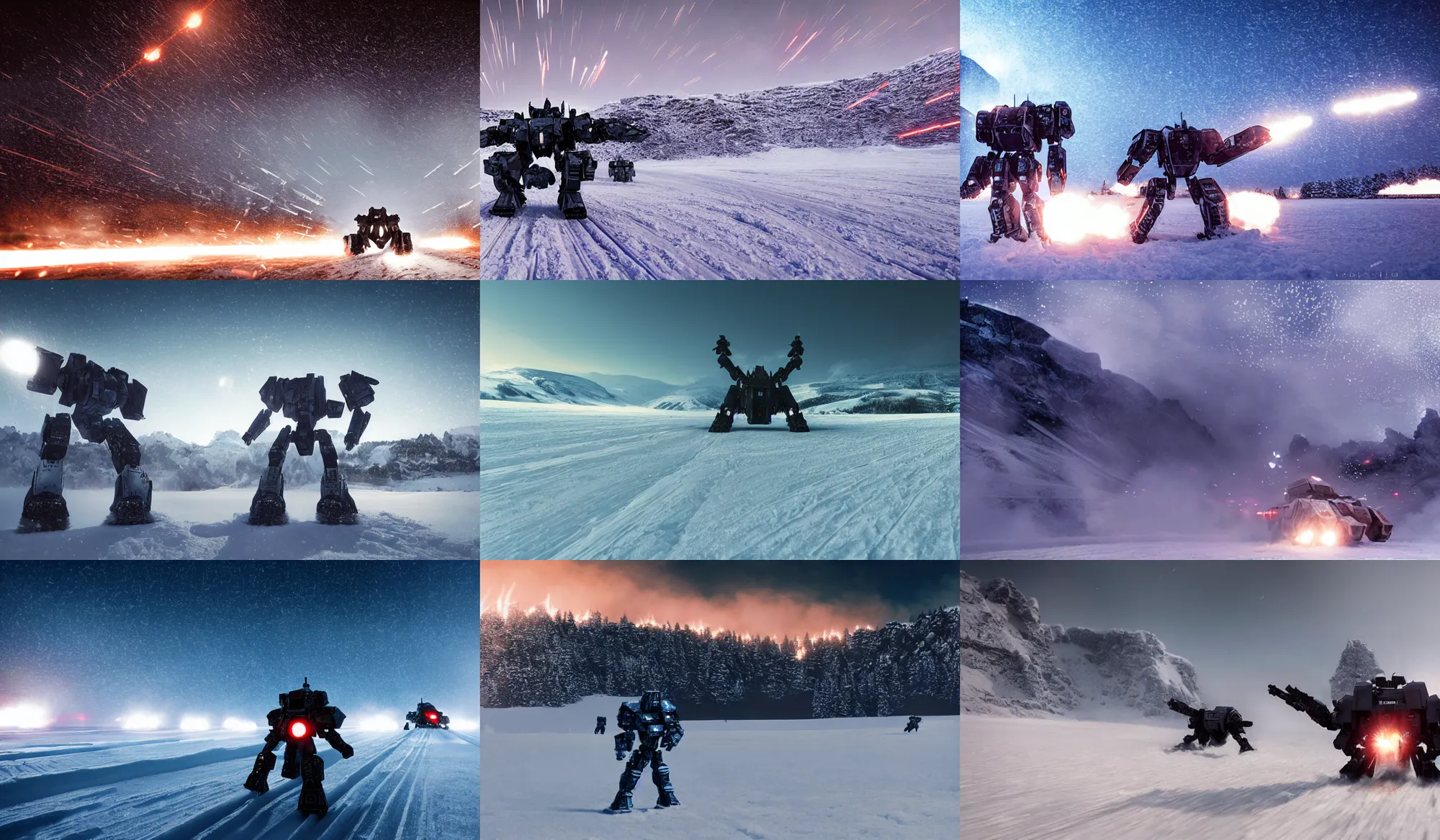 Prompt: a mechwarrior as armored core v running across the open snow field, booster flares, dark blue sky, empty snow field, snow, karst landscape, wide shot ; dynamic contrast, bokeh, motion blur, photoreal, cinematic, digital art by liam wong