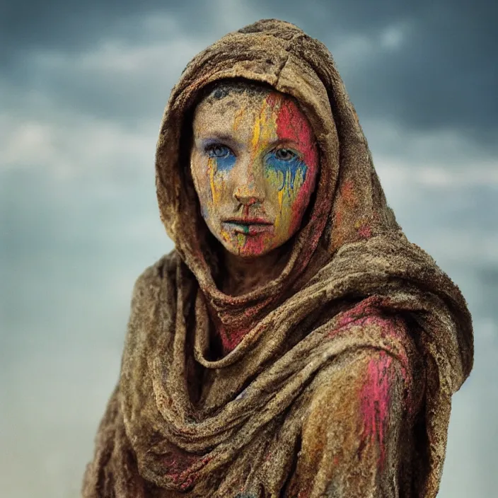 Prompt: closeup portrait of a woman with a hood made of rainbows and mud, standing in an apocalyptic landscape, by Annie Leibovitz and Steve McCurry, natural light, detailed face, CANON Eos C300, ƒ1.8, 35mm, 8K, medium-format print