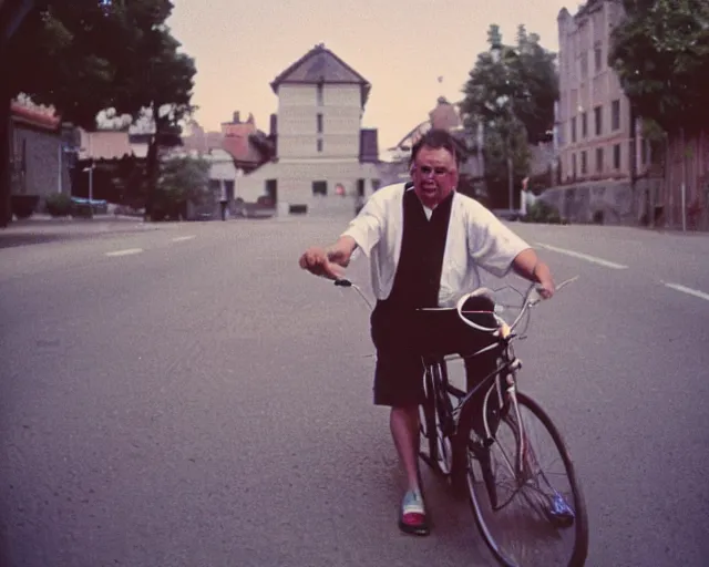 Prompt: a lomographic photo of a priest on bicycle, year 1 9 7 0, cinestill, bokeh, perfect light, high details, symetry, perfect high quality