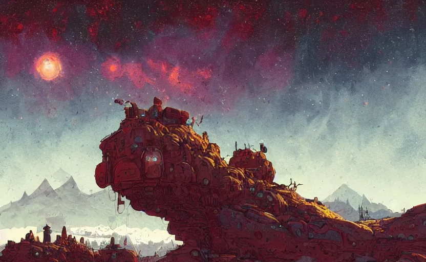 Image similar to mountains, stars and paisley filled sky, artstation, intricate, highly detailed, digital painting, concept art, sharp focus, illustration by Enki Bilal and Simon Stalenhag