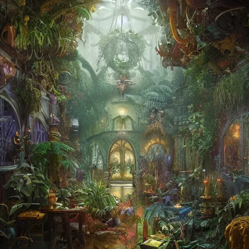Prompt: hyperreal ultra detailed intricate victorian jungle room by peter mohrbacher and dan mumford, cgsociety, volumetric light
