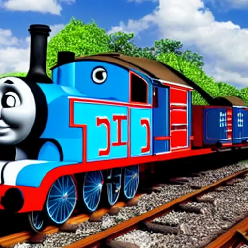 Prompt: thomas the tank engine with feet instead of wheels