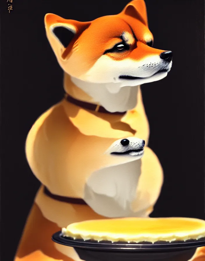 Prompt: a royal portrait of a shiba inu as a japanese cheesecake, oil on canvas, highly detailed, cinematic lighting, pretty