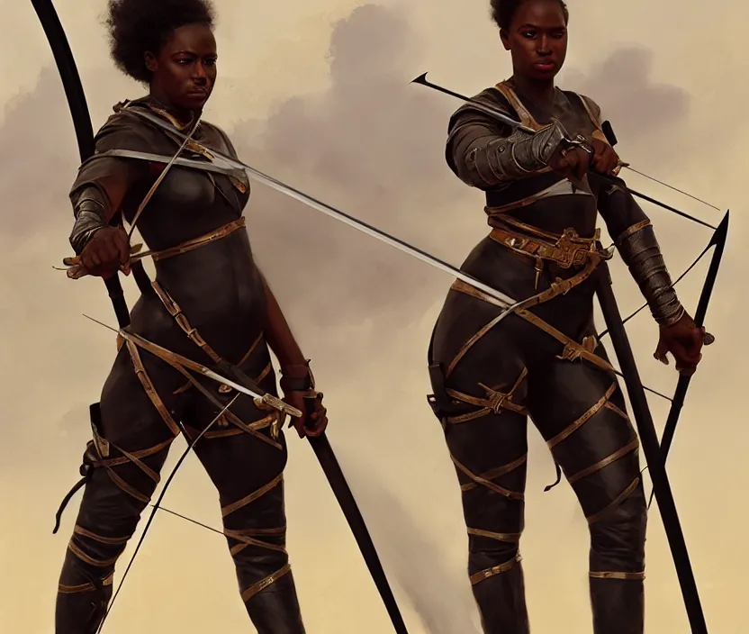 Image similar to full body portrait of beautiful black woman as a medieval archer, leather armor and war bow, cinematic, highly detailed, digital painting, artstation, concept art, smooth, sharp focus, illustration, face by wlop, illustrated by mars ravelo and greg rutkowski