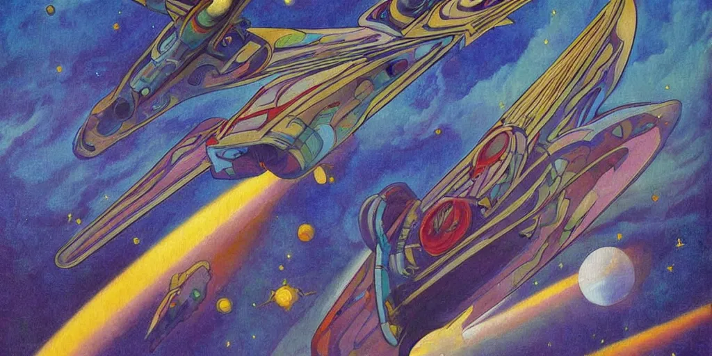 Prompt: Art Nouveau painting of a starship flying in space by