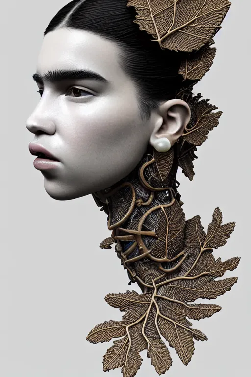 Prompt: complex 3d render ultra detailed of a beautiful porcelain profile of dua lipa face, biomechanical cyborg, analog, 150 mm lens, beautiful natural soft rim light, big leaves and stems, roots, fine foliage lace, silver dechroic details, massai warrior, Alexander Mcqueen high fashion haute couture, pearl earring, art nouveau fashion embroidered, steampunk, intricate details, mesh wire, mandelbrot fractal, anatomical, facial muscles, cable wires, microchip, elegant, hyper realistic, ultra detailed, octane render, H.R. Giger style, volumetric lighting, 8k post-production