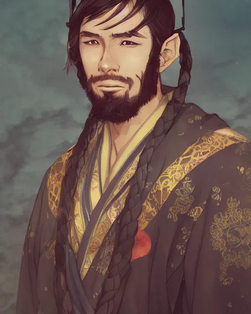 Prompt: an anime portrait of ferdinand magellan as a beautiful man wearing a kimono from skyrim, by stanley artgerm lau, wlop, rossdraws, james jean, andrei riabovitchev, marc simonetti, and sakimichan, trending on artstation