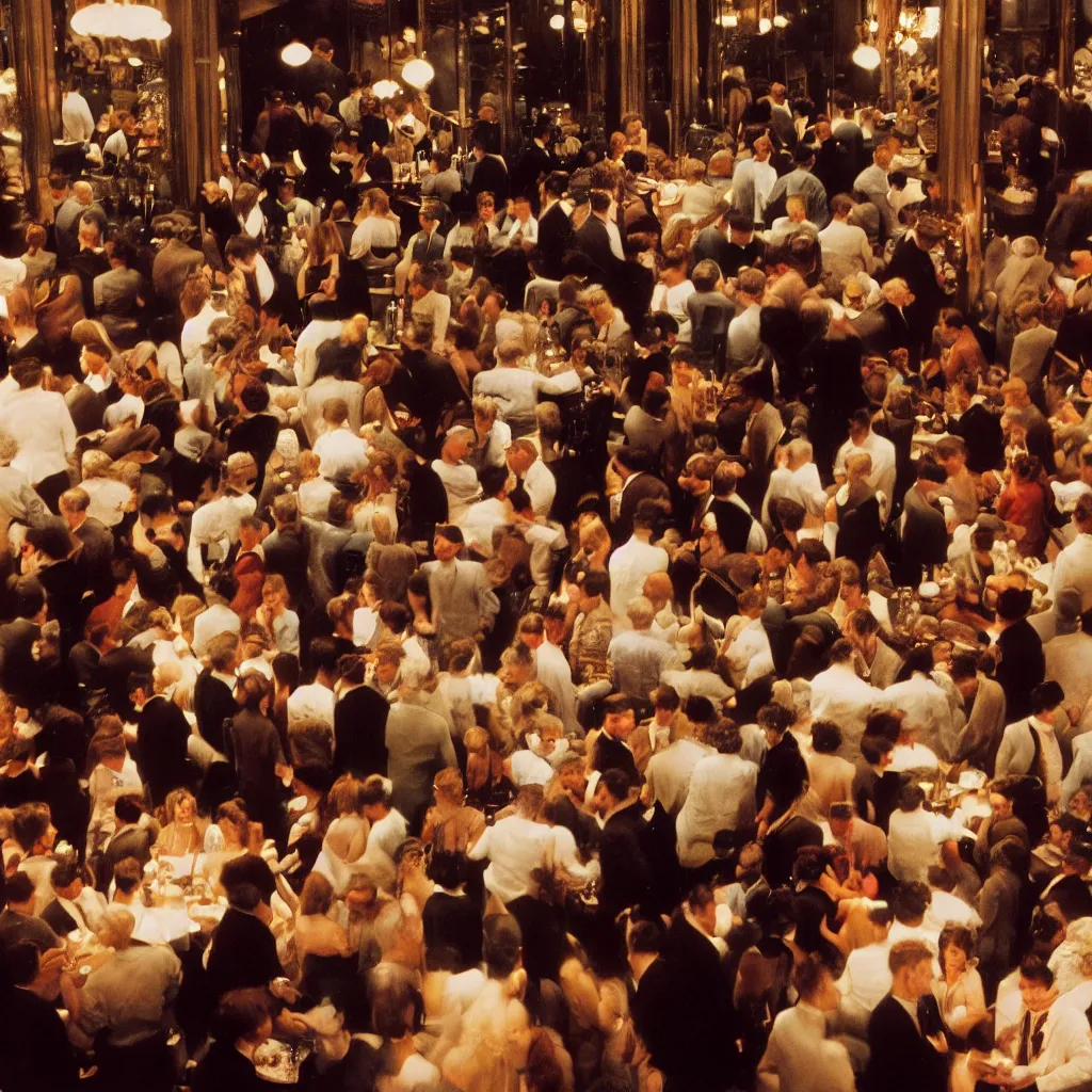 Prompt: Photo by Saul Leiter of the interior of a busy cocktail bar