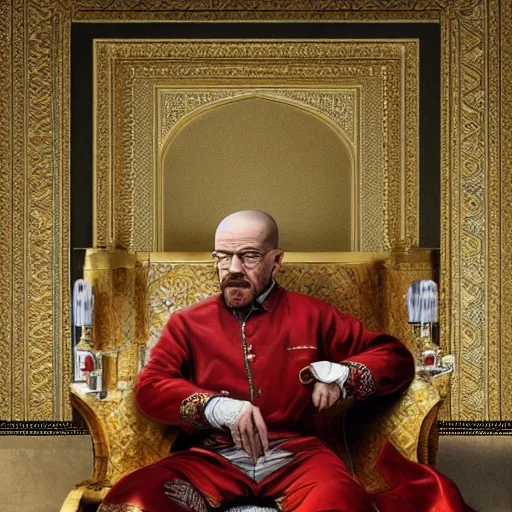 Image similar to Walter White, Ottoman Sultan, ottoman attire, sitting on a throne in a majestic palace , 1900, photorealistic, ultra-detailed, 4k high resolution, HDR shot