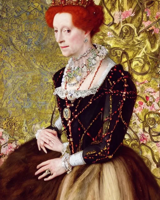 Image similar to queen elizabeth i, portrait painting by richard schmid, edgar maxence, kehinde wiley, thomas moran, maxfield parrish, studio ghibli, loish, alphonse mucha, fashion photography