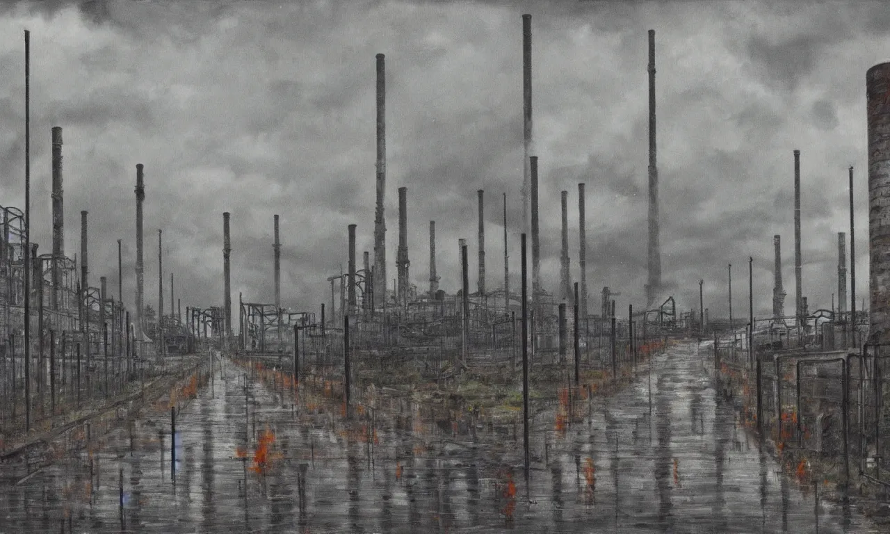 Prompt: a long column of prisoners wonder through a bombed out industrial park; grey skies , rain , a cloud of butterflies floats around a smokestack. painting , realism,
