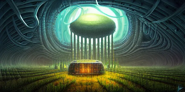 Image similar to painting alien nature labyrinth consuming futuristic mega city from blade in the style of nebulapunk by tomasz alen kopera and daniel lieske with futuristic castle by simon stahlenhag