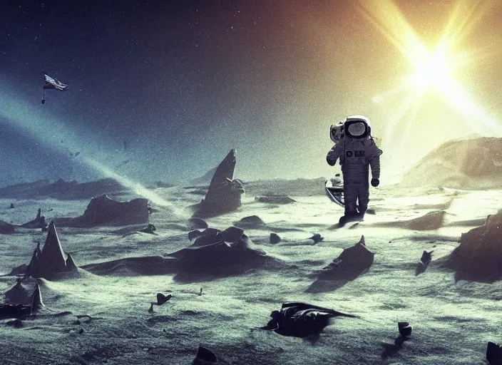 Image similar to astronaut holding a flag in an underwater desert. a submarine is visible in the distance. dark, concept art, cinematic, dramatic, atmospheric, 8 k, trending on artstation, blue, fish, low visibility, light rays, extremely coherent, bubbles, fog, ocean floor, christopher nolan, interstellar